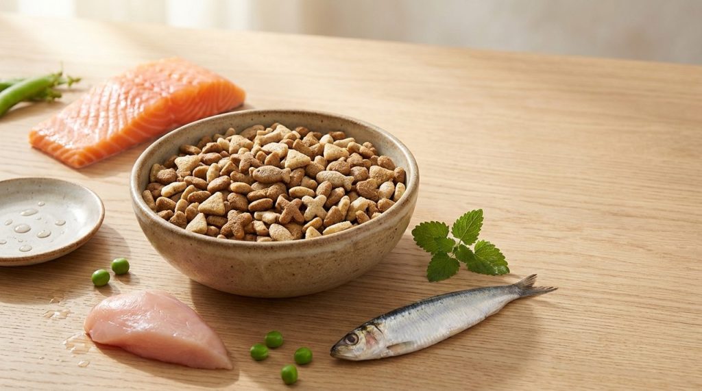 2026 貓飼料推薦完整指南封面 — 陶瓷碗盛裝乾飼料與新鮮鮭魚雞肉等原料示意