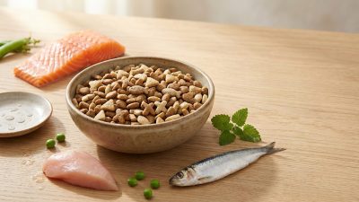 2026 貓飼料推薦完整指南封面 — 陶瓷碗盛裝乾飼料與新鮮鮭魚雞肉等原料示意