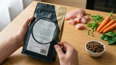 狗飼料成分深度分析封面 — 飼主拿著飼料包檢視成分表示意圖