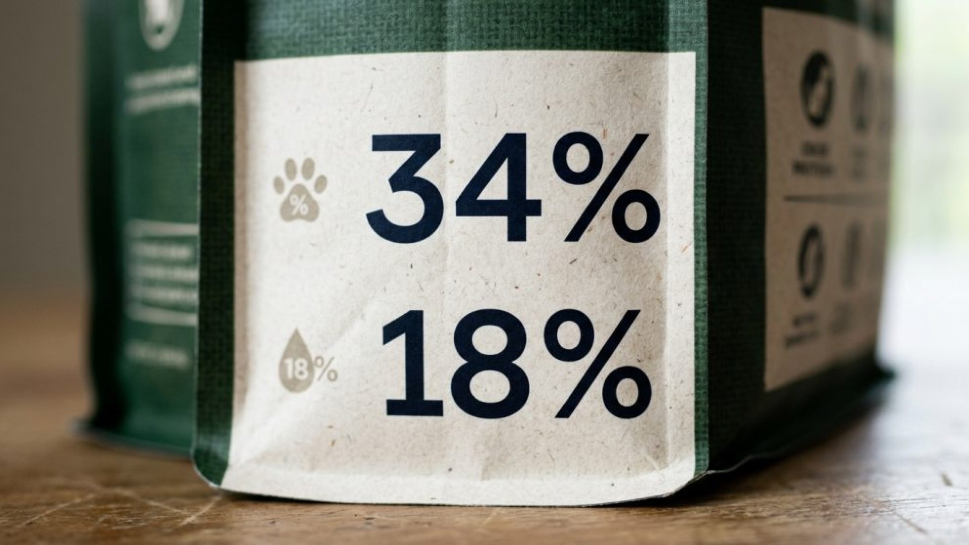 倍力寵物食品的包裝上清楚標示了34%的蛋白質與18%的脂肪含量，讓飼主能快速了解營養成分，為毛孩選擇最適合的優質飼料。
