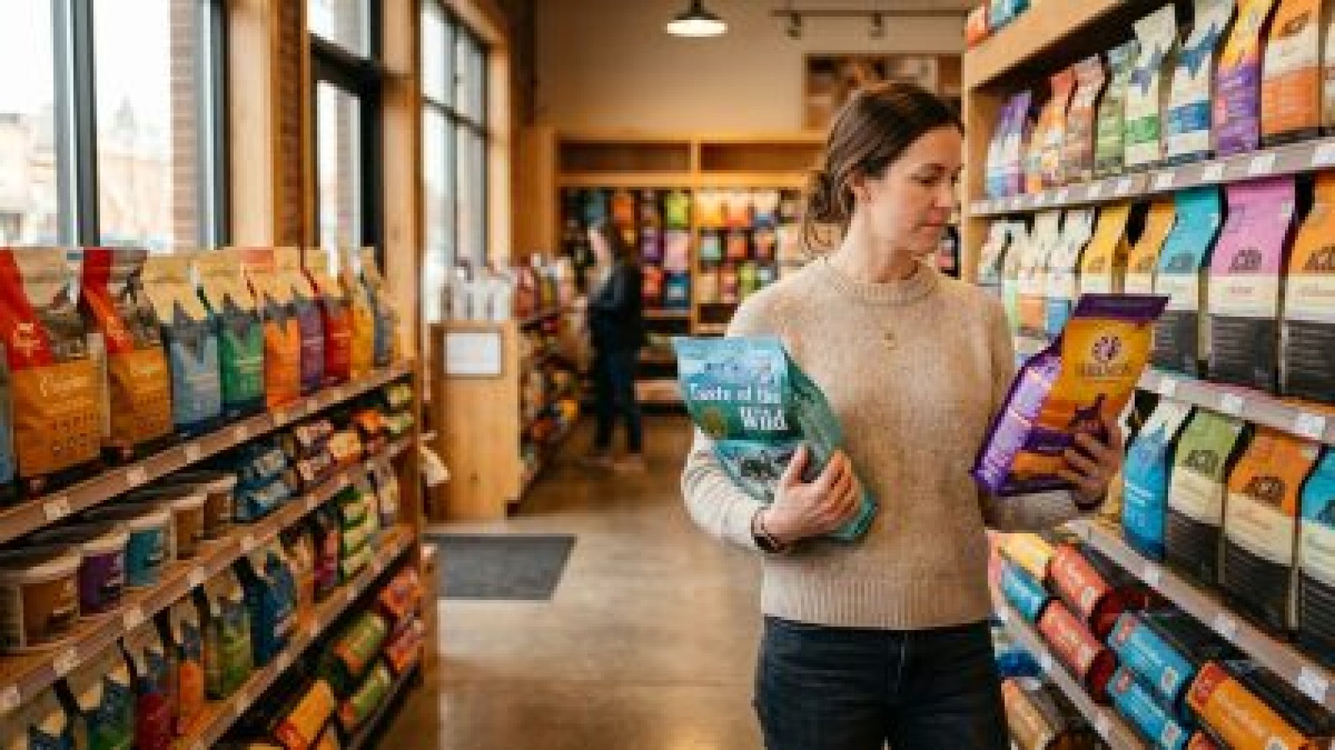 一位顧客在寵物店仔細比較多種品牌的寵物飼料，為毛小孩挑選最適合的營養，如同倍力寵物食品筆記為您推薦優質飼料。