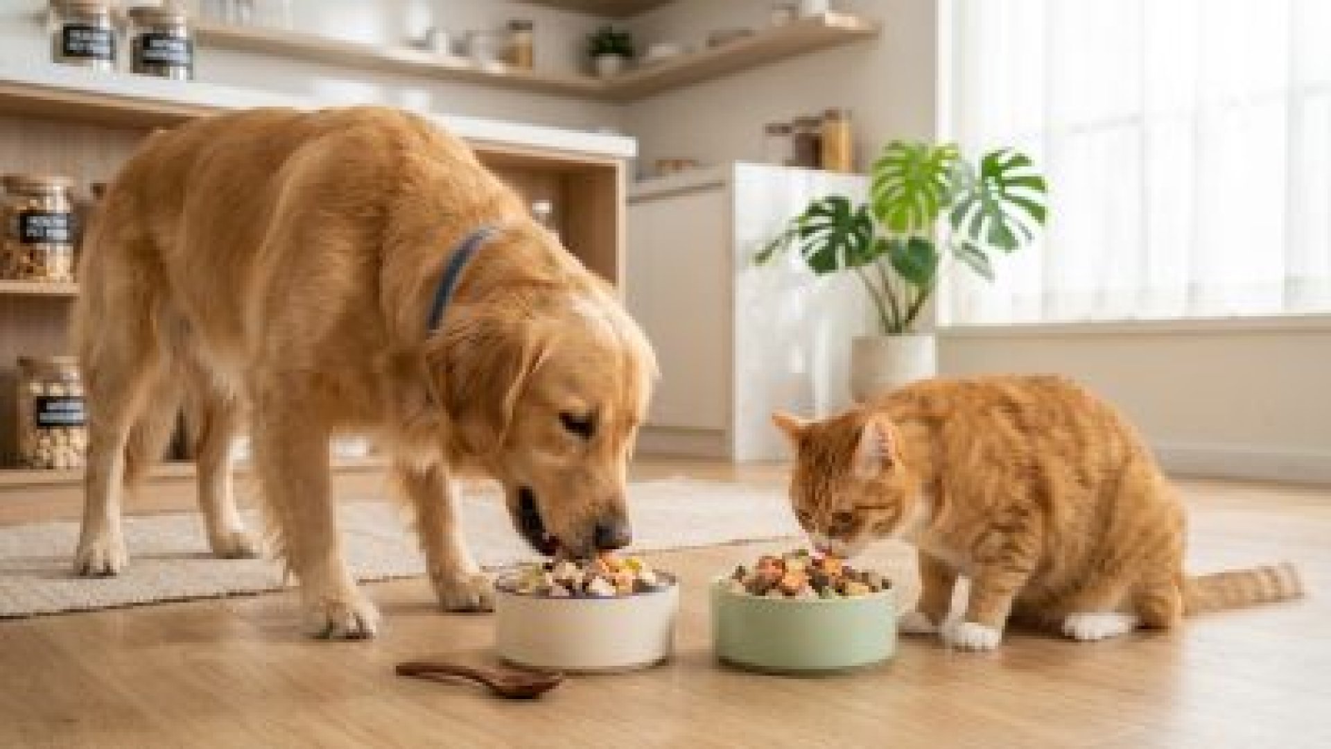倍力寵物食品筆記分享，黃金獵犬與橘貓享受倍力優質飼料，展現寵物與倍力食品的親密連結與健康飲食生活。