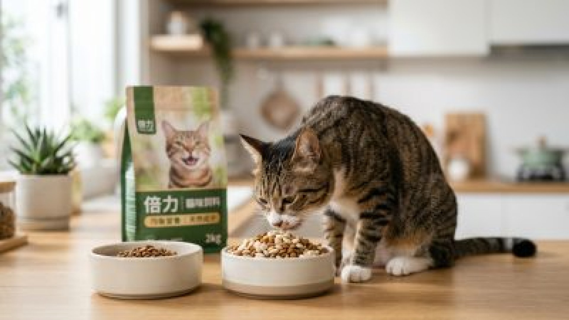 虎斑貓在廚房木桌上享用倍力貓咪飼料，旁邊擺放著一包倍力優質飼料，展現貓咪對倍力產品的喜愛。