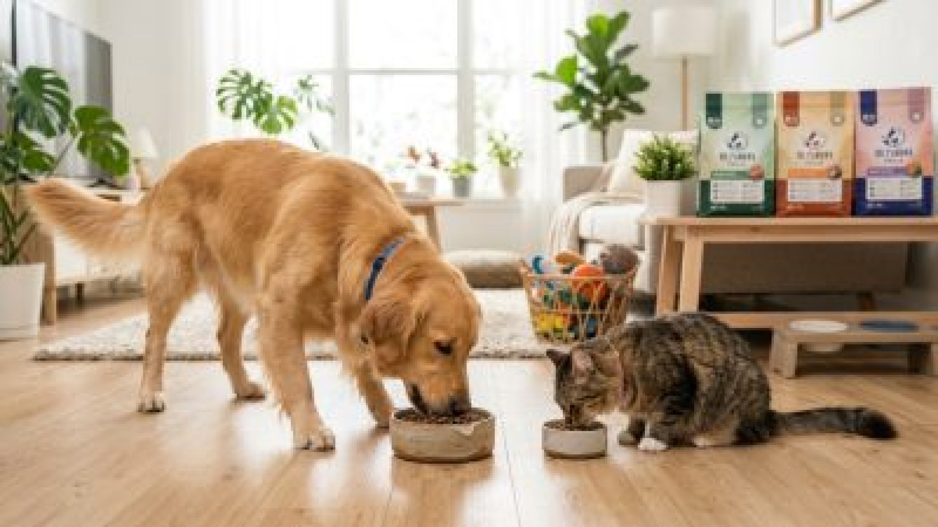 黃金獵犬和虎斑貓咪正在家中地板上開心享用倍力寵物食品的優質飼料，背景可見多款倍力飼料包裝。