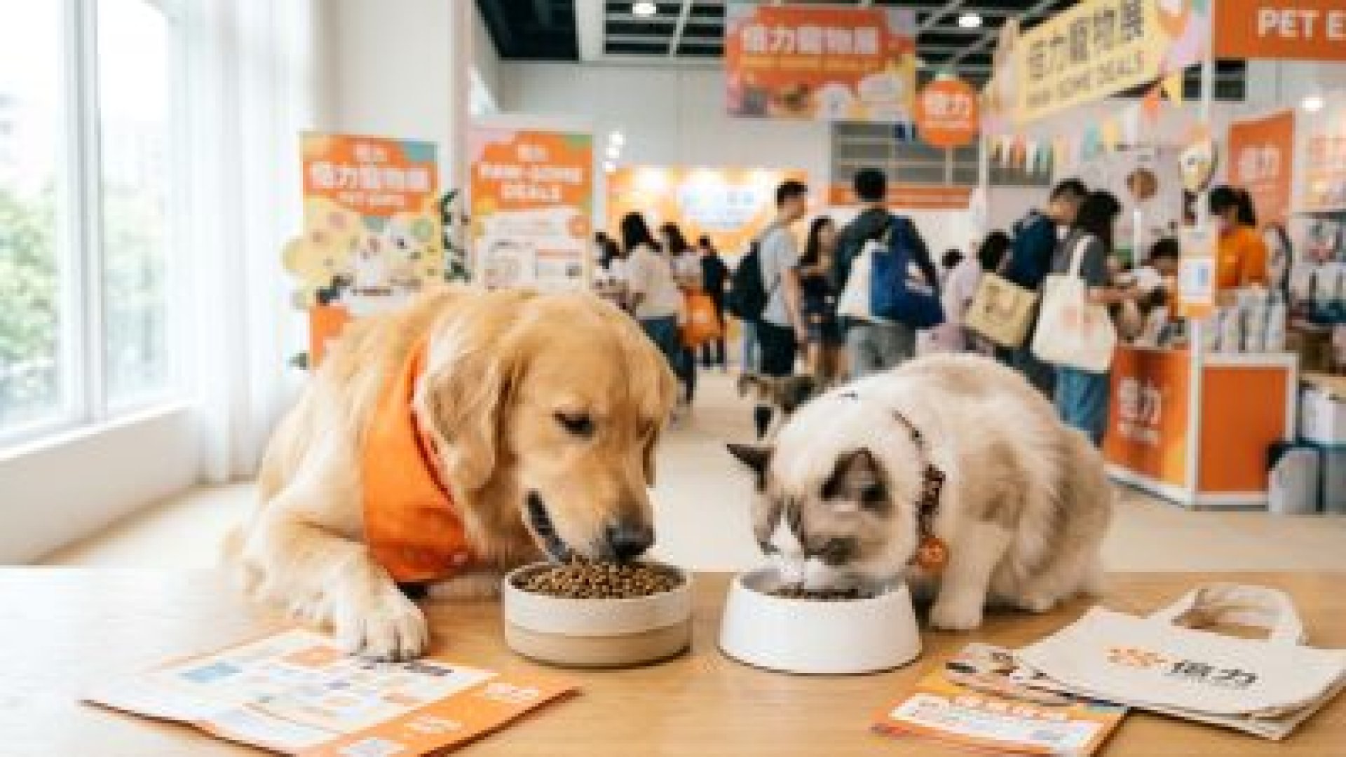倍力寵物展中，狗狗和貓咪開心品嚐倍力優質飼料，展現健康活力，現場吸引許多寵物愛好者選購倍力寵物食品。