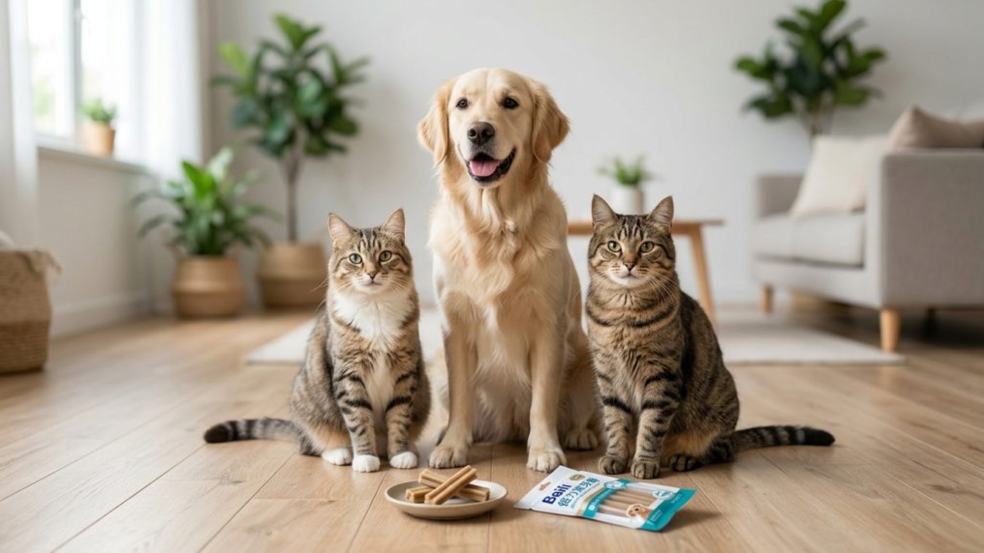 倍力寵物食品筆記分享，黃金獵犬與兩隻虎斑貓咪乖巧坐在木地板上，前方擺放著倍力潔牙骨，毛孩們期待著倍力的美味點心。