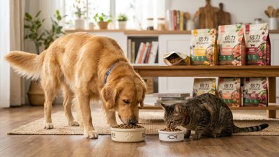 多種口味狗飼料包裝陳列，呈現市售狗糧的多元選擇與比較。