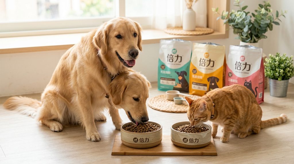 兩隻黃金獵犬和一隻橘貓正開心享用倍力寵物食品，背後擺放著多款倍力品牌的飼料包，畫面溫馨。
