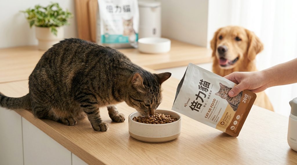 倍力寵物食品筆記分享，貓咪在廚房檯面上享用倍力貓飼料，後方狗狗開心等待，顯示倍力讓毛孩們都愛不釋手。