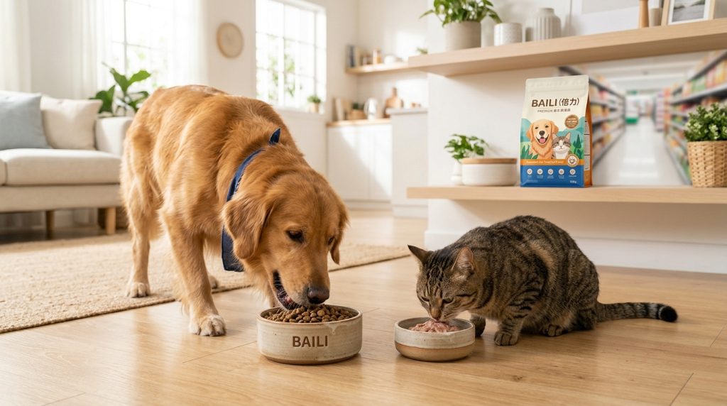 倍力寵物食品筆記分享，金毛犬與虎斑貓正在享用倍力的優質飼料和罐頭，展現毛孩們對倍力產品的喜愛與滿足。