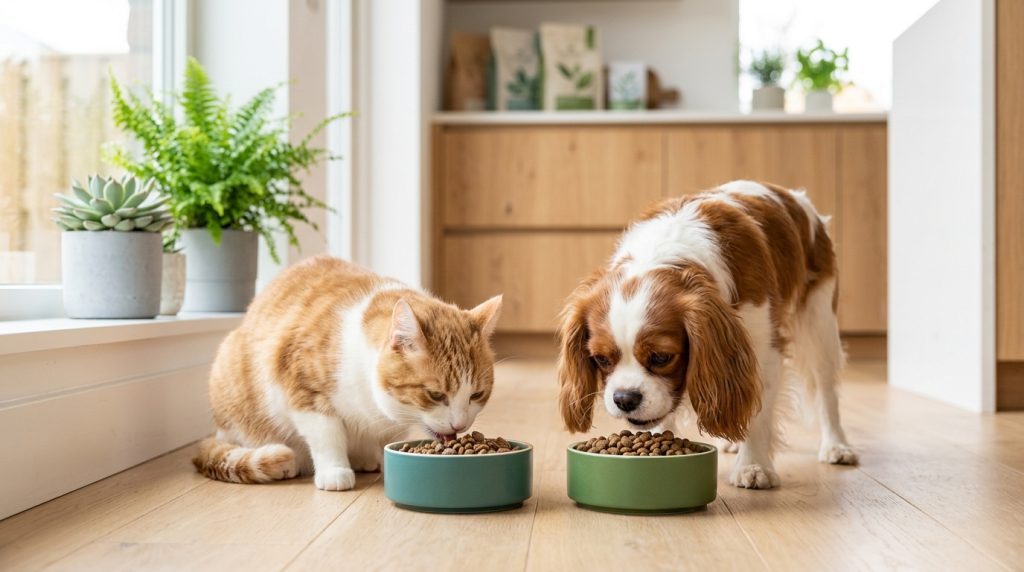 倍力寵物食品筆記分享，橘白貓與查理士王小獵犬在溫馨木質地板的家中，各自享用倍力為牠們精心準備的美味飼料。