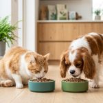 倍力寵物食品筆記分享，橘白貓與查理士王小獵犬在溫馨木質地板的家中，各自享用倍力為牠們精心準備的美味飼料。