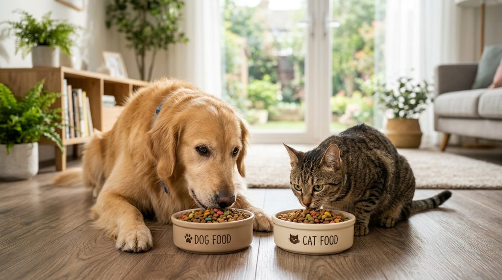 倍力寵物食品筆記分享，黃金獵犬與虎斑貓各自享用倍力為牠們準備的美味飼料，展現健康好胃口。