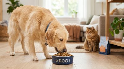 倍力提醒毛孩主人，選擇適合的優質飼料，讓黃金獵犬開心享用倍力寵物食品，後方的貓咪也期待著牠的美味餐點。