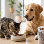倍力寵物食品筆記分享：虎斑貓專心享用飼料，黃金獵犬在一旁溫柔守護，展示倍力優質飼料如何讓毛孩健康又快樂。