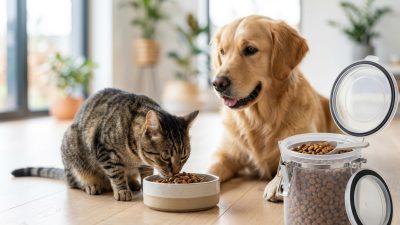 倍力寵物食品筆記分享：虎斑貓專心享用飼料，黃金獵犬在一旁溫柔守護，展示倍力優質飼料如何讓毛孩健康又快樂。