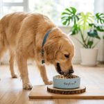 黃金獵犬開心享用倍力寵物食品的優質飼料，一旁的貓咪也好奇地看著，展現倍力寵物食品筆記對毛孩健康的重視。