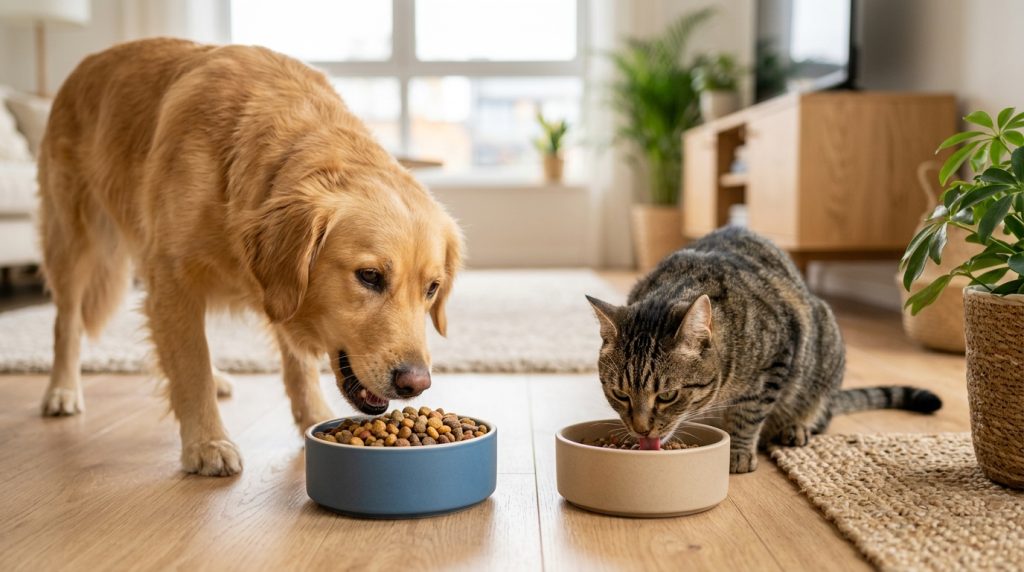 倍力寵物食品筆記分享，黃金獵犬與虎斑貓一同快樂地享用碗中倍力優質飼料，展現毛孩的健康活力。
