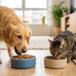 倍力寵物食品筆記分享，黃金獵犬與虎斑貓一同快樂地享用碗中倍力優質飼料，展現毛孩的健康活力。