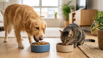倍力寵物食品筆記分享，黃金獵犬與虎斑貓一同快樂地享用碗中倍力優質飼料，展現毛孩的健康活力。