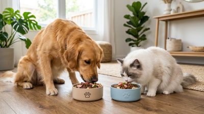 倍力寵物食品筆記分享黃金獵犬與布偶貓正開心享用寵物碗中的乾糧，展現倍力飼料的美味與營養，適合毛孩家庭。