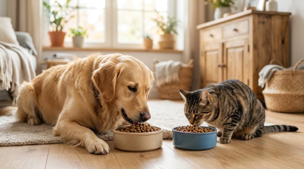 倍力寵物食品筆記分享，黃金獵犬與虎斑貓咪各自享用倍力為牠們精心挑選的美味乾糧，享受快樂的用餐時光。