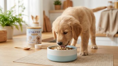 倍力幼犬奶粉與飼料為成長中的黃金獵犬幼犬提供均衡營養，確保毛孩健康快樂成長。