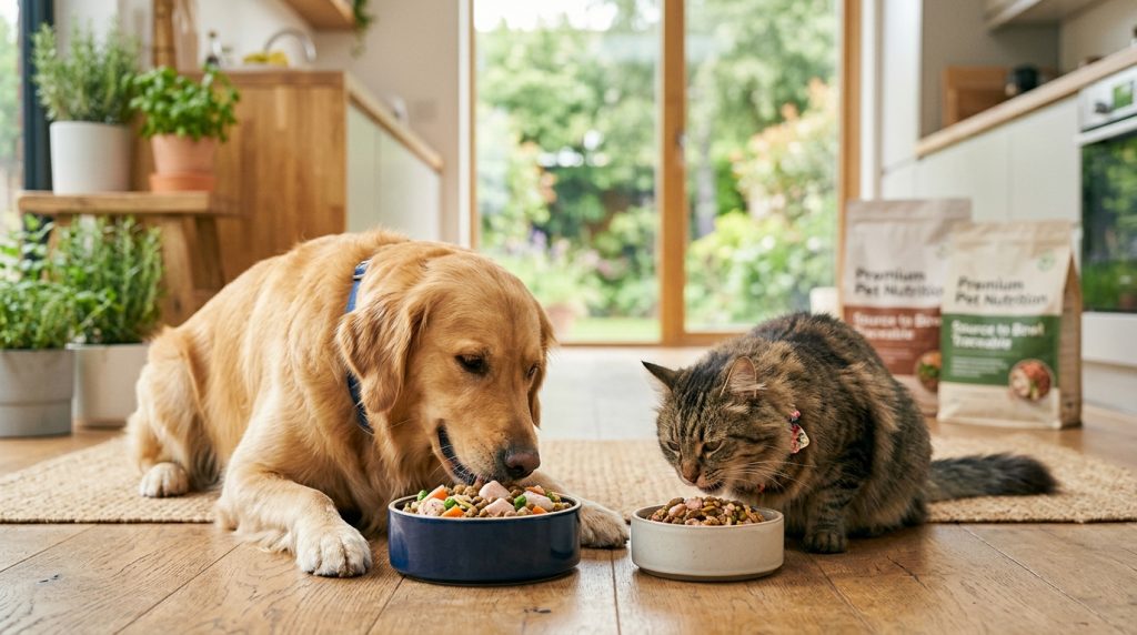 倍力寵物食品筆記分享，黃金獵犬與貓咪開心地享用倍力精心調配的優質鮮食飼料，享受美味與健康的每一餐。