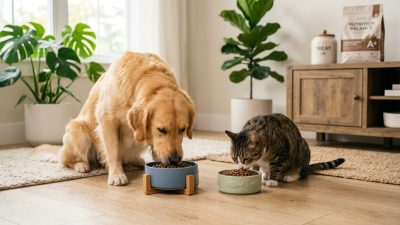 倍力寵物食品筆記分享，金毛獵犬與虎斑貓正在享用倍力精心調配的均衡飼料，展現寵物們的健康活力。